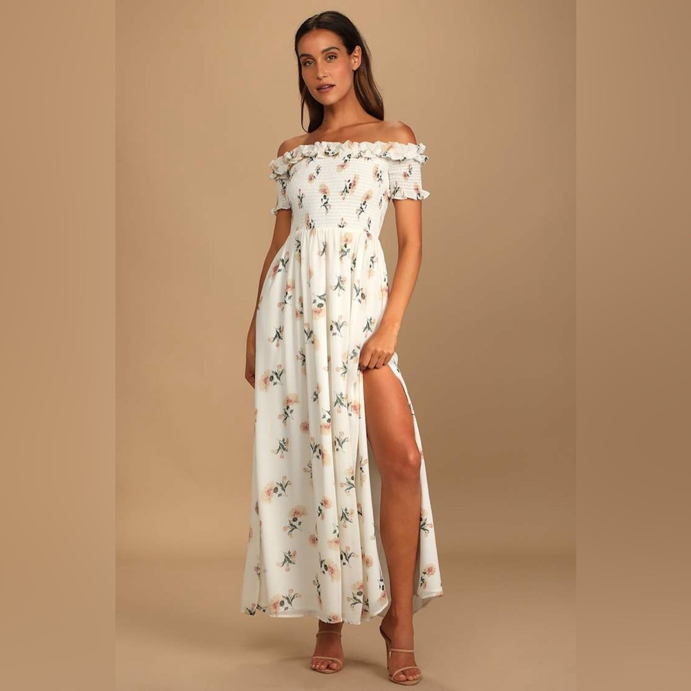 Lulus Love Bloom Ivory Floral Print Smocked Off-the-Shoulder Dress, Medium, NWT